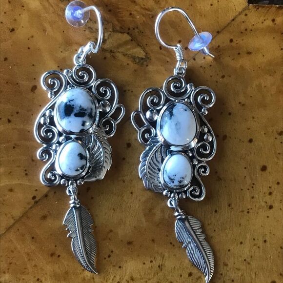 White Buffalo Sterling Silver Dangle Earrings - Picture 1 of 7